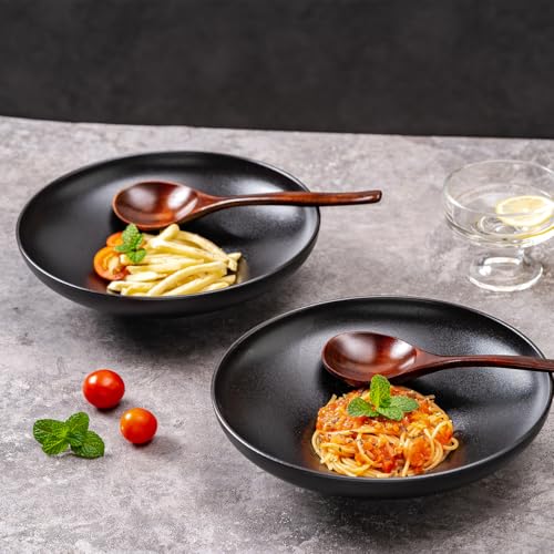 Ceramic Serving Bowls with Wooden Spoons Set of 2, Large Serving Bowl for Dinner Salad Soup Pasta Dessert Fish Fruit Chicken Bread, Oven Dishwasher Safe, 50oz Bowl for Entertaining, 9.75" Pure Black - color: Black