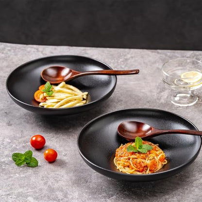Ceramic Serving Bowls with Wooden Spoons Set of 2, Large Serving Bowl for Dinner Salad Soup Pasta Dessert Fish Fruit Chicken Bread, Oven Dishwasher Safe, 50oz Bowl for Entertaining, 9.75" Pure Black - color: Black
