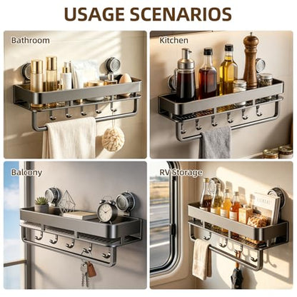 Suction Cup Shower Caddy,No Drilling, Rectangular, Grey,1-Pack | Shelf for Inside Shower, Heavy Duty Carbon Steel, Towel Bar & Hooks, Rust-Resistant, Bathroom Organizer Storage Rack - color: Grey,1-Pack