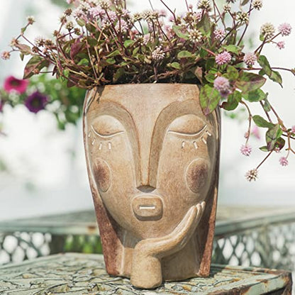 Saysmile Head Planters for Indoor Plants, Face Flower Pot Head Planter Succulent Planters Unique Face Planter with Drainage Hole - Rustic Thinking Girl Closed Eyes - color: Thinking - Rustic