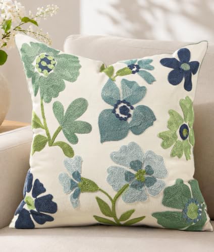 Embroidered Floral Throw Pillow Cover 18x18 Inch, Meadow Flower | Decorative Pillow Cover, Country Farmhouse Cushion Case with Hidden Zipper, Fall Home Decor for Couch, Sofa, Living Room - color: Teal Flower