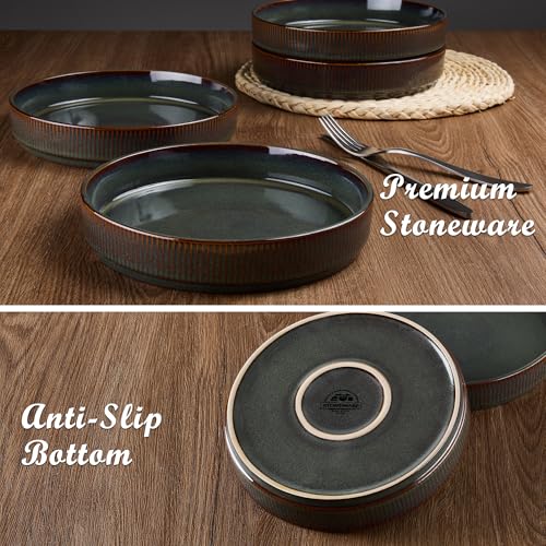 E-far Pasta Bowls Set of 4, 35oz Large Salad Bowl Plate for Dinner Serving, Wide & Shallow Ceramic Stoneware Pasta Plates, Microwave & Dishwasher Safe, Reactive Glaze Textured Stripes, Blackish Green - color: Blackish Green