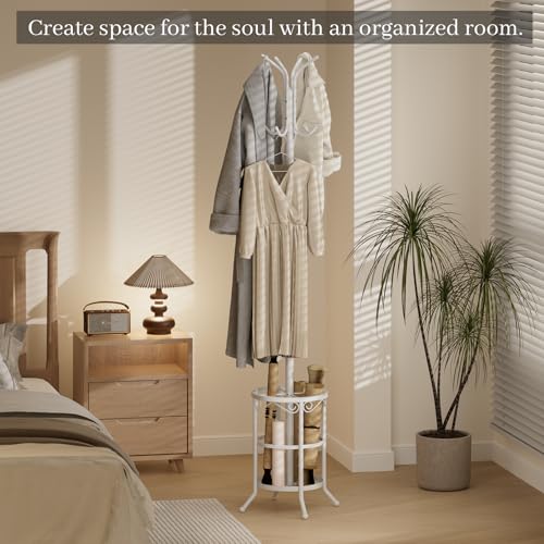 Coat Rack Freestanding with Umbrella Holder – Metal Hanger Stand, Hall Tree with 12 Hooks, Entryway Organizer for Hats, Bags, and Clothes (White) - color: White