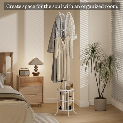 Coat Rack Freestanding with Umbrella Holder – Metal Hanger Stand, Hall Tree with 12 Hooks, Entryway Organizer for Hats, Bags, and Clothes (White) - color: White