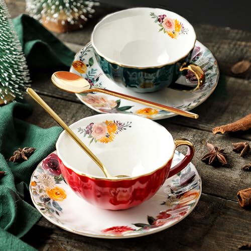 JOYOFUN Coffee Cups and Saucers Set of 2,8 oz Tea Cup and Saucer Royal Vintage Ceramic Floral Lined Coffee Cup for Latte,Cappuccino,Porcelain Tea Sets Gift for Birthday Gifts(Red/Green) - color: Red/Green