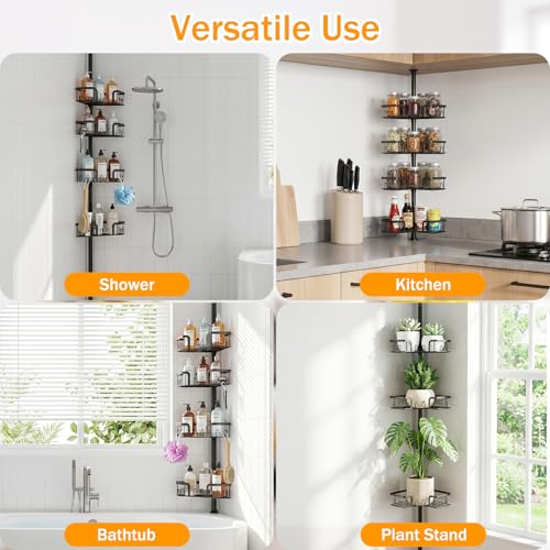Corner Shower Caddy with Tension Pole, 4-Tier Rustproof Bathroom Organizer Shelves, No-Drill Adjustable Shower Storage Rack 42–115 Inches, Space-Saving Floor Standing Shower Organizer