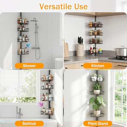 Corner Shower Caddy with Tension Pole, 4-Tier Rustproof Bathroom Organizer Shelves, No-Drill Adjustable Shower Storage Rack 42–115 Inches, Space-Saving Floor Standing Shower Organizer