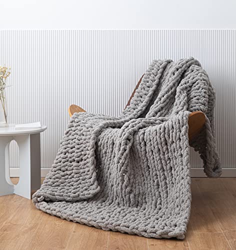 Chunky Knit Blanket Soft Chenille Yarn Knitted Throw Blanket 50"X60" Handmade Cable Warm Thick Giant Blanket for Couch Bed Trips (Light Grey, Throw 50"X60") - color: Light Grey, size: Throw 50"X60"