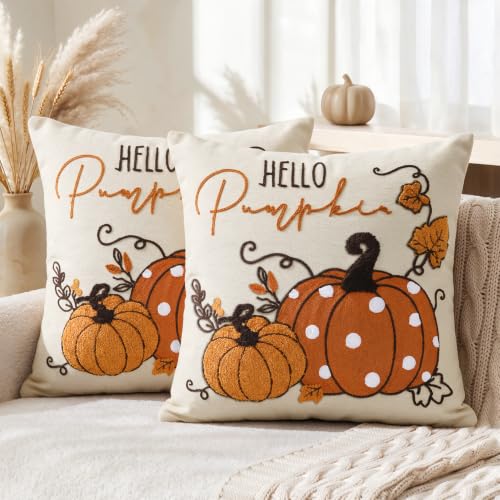 AVOIN colorlife Caramel Pumpkin Fall Throw Pillow Covers 18x18 Inch | Hello Pumpkin Polka Dot Embroidered Tufted Patterned Linen Cushion Case Decoration for Sofa Couch Set of 2 - color: Caramel, size: 18" x 18" (Pack of 2)