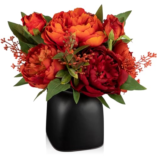 Fall Flowers in Vase Fall Table Centerpiece Faux Floral Arrangements Centerpiece Autumn Artificial Flowers with Vase Fall Flower Centerpieces for Tables Orange Silk Flowers Arrangement in Vase - color: Orange-black Vase