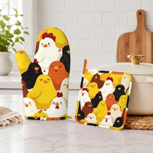 Funny Cartoon Chicken Oven Mitts and Pot Holders Sets Silicone Kitchen Mitts Potholders Heat Resistant Oven Gloves Hot Pads for Kitchen Baking Cooking - color: Funny Cartoon Chicken
