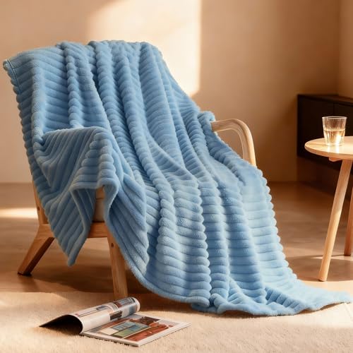 Nookly Light Blue Twin Size Fleece Blanket, Soft Lightweight Ribbed Plush Bed Blanket, Cozy All-Season Striped Fleece Twin Throw for Bedroom and Home, 60x80 Inches - color: Light Blue, size: Twin(60"x80")