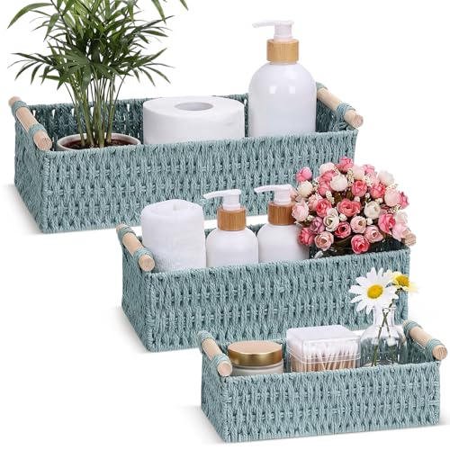 Boao 3 Pcs Boho Storage Wicker Baskets Handmade Woven Decorative Paper Rope Baskets for Organizing with Handle Countertop Toilet Paper Storage Container for Toilet Tank Top(Grey Blue,Rectangle) - color: Grey Blue, style: Rectangle