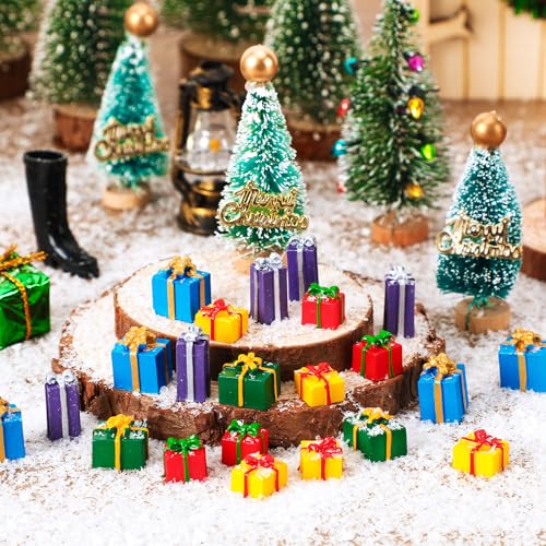 JUNEBRUSHS 50 Pcs Christmas Miniatures for Crafts, Christmas Tree Mini Resin Presents Charms Mini Christmas Ornaments Figurines for Tree Decor Vase Filler Xmas Crafts - style: Present Style