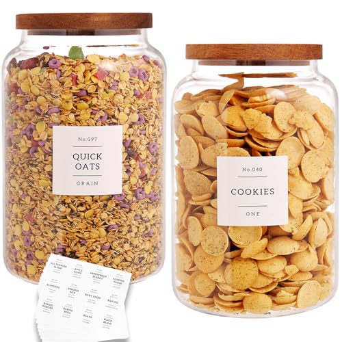 CZHQSMZ Set of 2 Large Glass Flour and Sugar Containers with 132 Pantry Labels - Glass Food Storage Jars with Airtight Bamboo Lid for Flour Pasta Candy Coffee Cookie and More(1 Gallon/4000 ml) - color: 4000ml