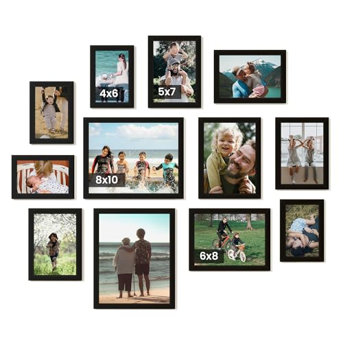 Heimlove Black Collage Picture Frames Set of 12,Two 8x10,Two 6x8, Four 5x7,Four 4x6 Photo Frames,Gallery Wall Frame Set for Wall Mount or Tabletop Display - color: BLACK