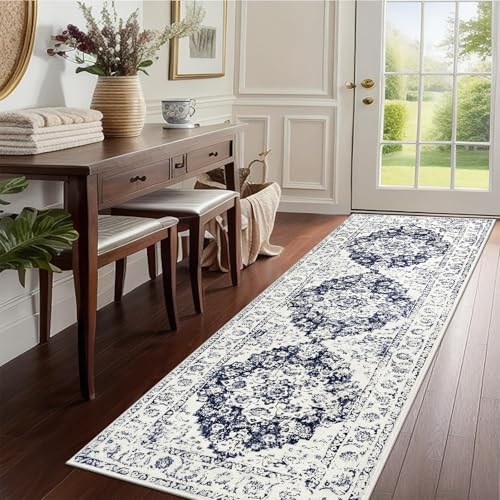 Pauwer Vintage Floral 2x6 Runner Rug, Non Slip Hallway Runner, Navy Blue | Machine Washable, Faux Wool, Low-Pile, Non-Shedding, Soft Distressed Floor Carpet For Entryway, Laundry, Bedroom, Kitchen - color: Navy Blue, size: 2' x 6' (Runner)