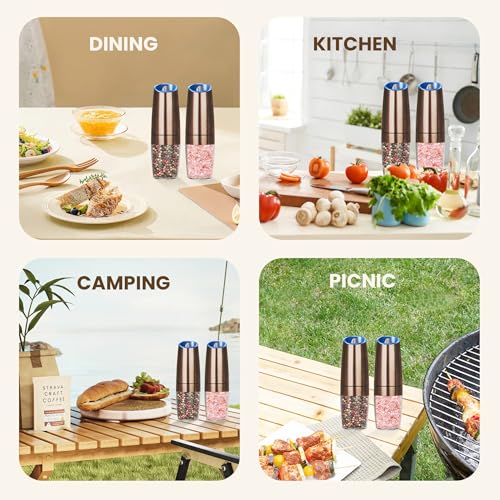 Battery Gravity Salt Pepper Grinder Set, 2 Pack (Copper) | Gravity Automatic Grinder With LED Light & Adjustable Roughness, Each Requires 6 AAA Batteries For Kitchen Daily Seasoning - color: Battery/Set/Copper