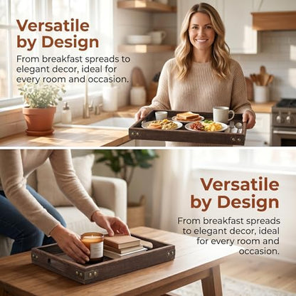 TOPZEA 3 Pack Wood Serving Tray with Handle, Farmhouse Wooden Coffee Table Trays Decorative Breakfast Tray for Bed, Couch, Ottoman, 3 Size