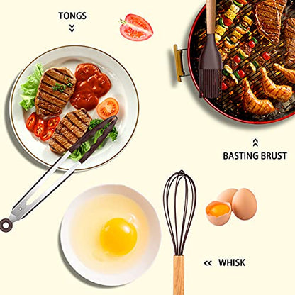 MIBOTE Silicone Cooking Kitchen Utensils Set, Wooden Handle, Coffee | BPA-Free, Non-Toxic Silicone Turner, Tongs, Spatula, Spoon Set – Great for Nonstick Cookware, Heat-Resistant, Easy Clean - color: Coffee