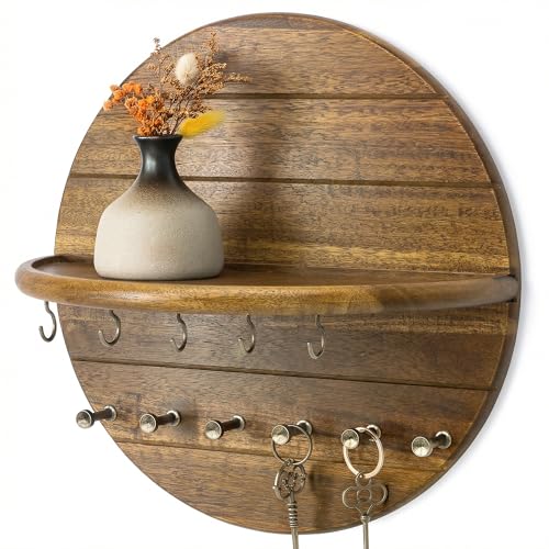 Rebee Vision Acacia Wood Round Key Holder Wall Mount for Home Decor, Brown | Round Corner, Key Holder for Wall with Floating Shelf, Rich Wood Grain, 2 Types of Hooks, Meets Daily Family Needs - color: Acacia