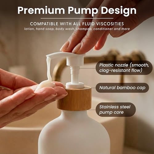 MaisoNovo Glass Soap Dispenser Bathroom Set of 2-16.9 oz Bathroom Soap Dispenser Set - White Glass Bottles x 2 with White Bamboo Pumps & Tray - color: White Bottles/ White Bamboo Pumps