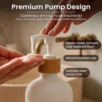 MaisoNovo Glass Soap Dispenser Bathroom Set of 2-16.9 oz Bathroom Soap Dispenser Set - White Glass Bottles x 2 with White Bamboo Pumps & Tray - color: White Bottles/ White Bamboo Pumps