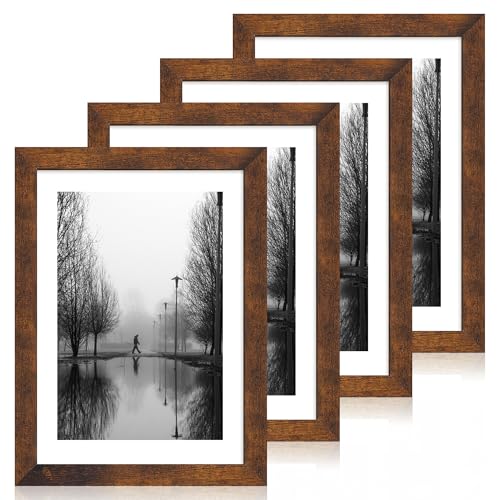 iRahmen 10x14 Picture Frame Set of 4 with Tempered Glass, Rustic Frame Display 8x12 Pictures with Mat or 10 x 14 Without Mat, Wooden Photo Frames for Wall Mounting - color: Dark Brown, size: 10X14