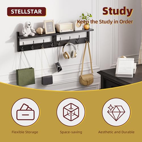 STELLSTAR Coat Rack with Shelf, 2 Pack Bamboo Wall-Mounted Coat Hanger with 8 Hooks for Entryway, Hallway, Kitchen, Bathroom, Living Room, Utility Room (Black) - color: Black