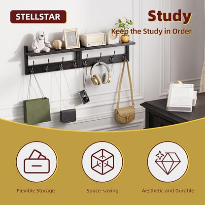 STELLSTAR Coat Rack with Shelf, 2 Pack Bamboo Wall-Mounted Coat Hanger with 8 Hooks for Entryway, Hallway, Kitchen, Bathroom, Living Room, Utility Room (Black) - color: Black