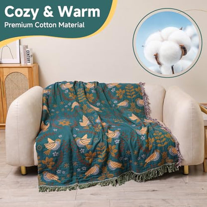 Boho Throw Blanket for Bed Couch 100% Cotton Woven Bed Throws for All Season Lightweight and Soft Cozy Farmhouse Reversible Muslin Decorative Blanket for Travel Picnic, Teal/Cream, 60''x80'' | 4-Layer Breathable Muslin Blanket,100% Organic Cotton Soft Lig