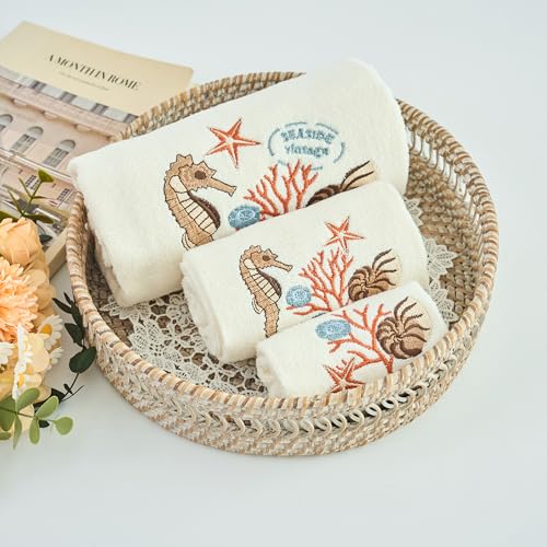 Marina Decoration Premium Luxury Decor Ultra Soft 100% Cotton Embroidered Bathroom Modern 3 Piece Towel Set, Ocean Life with Ivory Base Pattern - color: Ocean Life