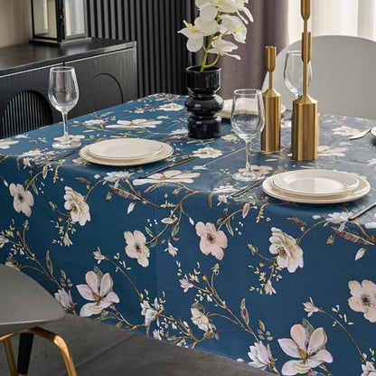 Pioggia Vinyl Tablecloth with Flannel Backing - Waterproof, Oil-Proof, Easy to Clean -Plastic Table Cloth - Perfect for Dining Tables, Kitchen Tables, Parties (Blue Flower, 54×54 Inch Square) - color: Blue Flower, size: 54" x 54" (Square)