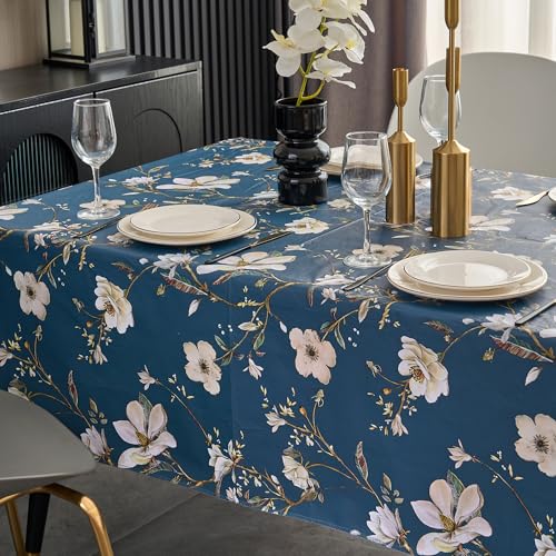 Pioggia Vinyl Tablecloth with Flannel Backing - Waterproof, Oil-Proof, Easy to Clean -Plastic Table Cloth - Perfect for Dining Tables, Kitchen Tables, Parties (Blue Flower, 54×72 Inch Rectangular) - color: Blue Flower, size: 72" x 54" (Rectangular)