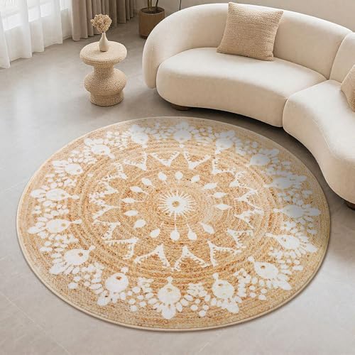 Carvapet Faux Jute Round Rug 4ft – Jute-Like Pattern Design Washable Low Pile Area Rug with Non-Slip Rubber Backing, Soft Natural Look Decorative Circle Carpet for Living Room - color: Pearl, size: 4' (Round)