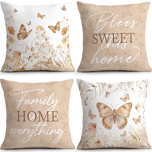 Beige Butterfly Floral Pillow Covers Set of 4, 18x18 Home Sweet Decor | Soft Plush Beige Butterfly Floral Pillow Covers with Home Sweet Design Refresh Farmhouse Living Spaces - color: Home Sweet Beige Butterfly Flower, size: 18" x 18" (Pack of 4)