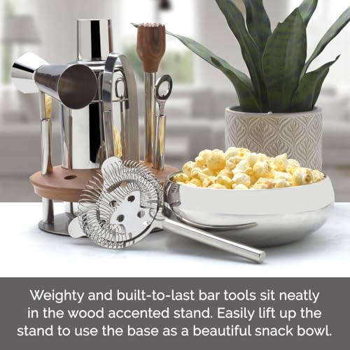 Mikasa 8-Piece Bar Tool Set with Stand - Polished Stainless Steel Cocktail Shaker, Muddler, Strainer, Jigger, Ice Tongs, Cap Lifter and Acacia Wood Organizer