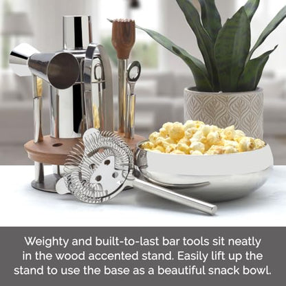 Mikasa 8-Piece Bar Tool Set with Stand - Polished Stainless Steel Cocktail Shaker, Muddler, Strainer, Jigger, Ice Tongs, Cap Lifter and Acacia Wood Organizer