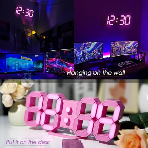 Pink LED Clock 3D Wall Clock 9.7" Table Clock for Living Room Modern Digital Clock for Bedroom Aesthetic Bedside Desk Clock with Remote/Dimming/12/24H/Temp/Alarm Clock/Date - color: 9.7in Pink Clock-pink Light