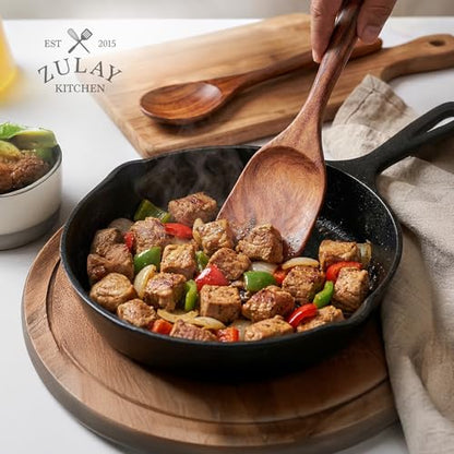 Zulay Kitchen 9-Piece Teak Wood Cooking Utensil Set – Non-Toxic & Non-Stick Safe Wooden Spoons & Kitchen Tools with Comfortable Grip, Smooth Finish Natural Teak – Perfect Kitchen Gift Set - size: 9 Piece