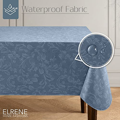 Elrene Home Fashions Camile Floral Damask-Scroll Water- and Stain-Resistant Vinyl Tablecloth with Flannel Backing, 60 Inches X 120 Inches, Rectangle, Blue - color: Blue, size: 120" x 60" (Rectangular)
