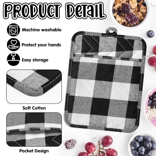 R HORSE 6 Pack Black Gray Check Pot Holders with Pocket, 7''x 9'' | Cotton Plaid Kitchen Potholders, Heat Resistant Oven Mitts, Non-Slip Hot Pads Terry Cloth, Ideal for Cooking, Baking - color: Black Check
