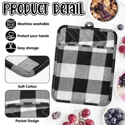 R HORSE 6 Pack Black Gray Check Pot Holders with Pocket, 7''x 9'' | Cotton Plaid Kitchen Potholders, Heat Resistant Oven Mitts, Non-Slip Hot Pads Terry Cloth, Ideal for Cooking, Baking - color: Black Check