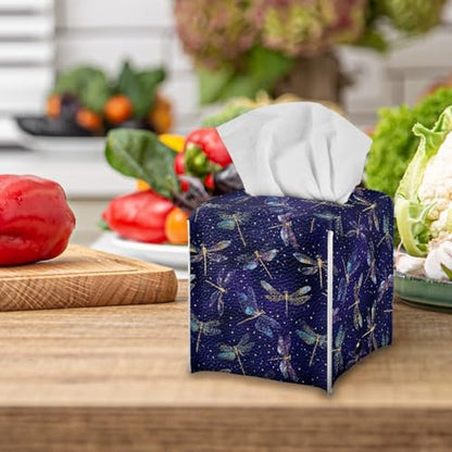 Dragonfly Leather Tissue Box Cover with Bottom Strap Foldable Tissues Cube Easy to Clean Case for Bathroom Living Room Office Desk Tabletop - color: Dragonfly