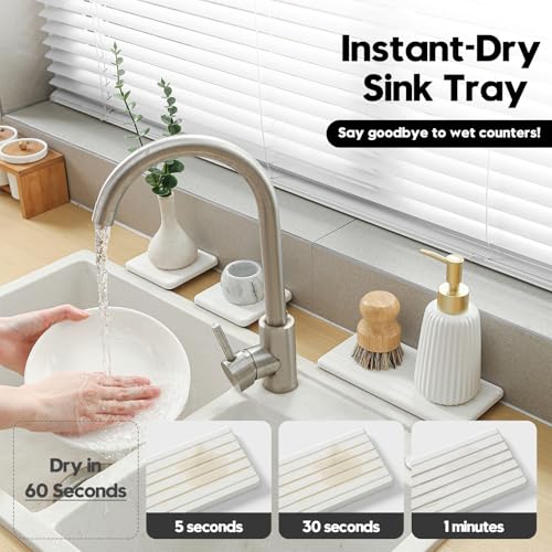 3 Pack Water Absorbent Diatomite Coasters, Stone Drying Mat for Kitchen Counter, Bathroom Sink Organizer Tray, Compact Vanity Rack, Soap Holder Caddy, Faucet Splash Guard, White 8"x3.8" - color: 3 Pack - White - 1pc of 8"x 3.8" and 2pcs of 3.8"x 3.8"