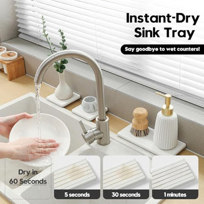 3 Pack Water Absorbent Diatomite Coasters, Stone Drying Mat for Kitchen Counter, Bathroom Sink Organizer Tray, Compact Vanity Rack, Soap Holder Caddy, Faucet Splash Guard, White 8"x3.8" - color: 3 Pack - White - 1pc of 8"x 3.8" and 2pcs of 3.8"x 3.8"