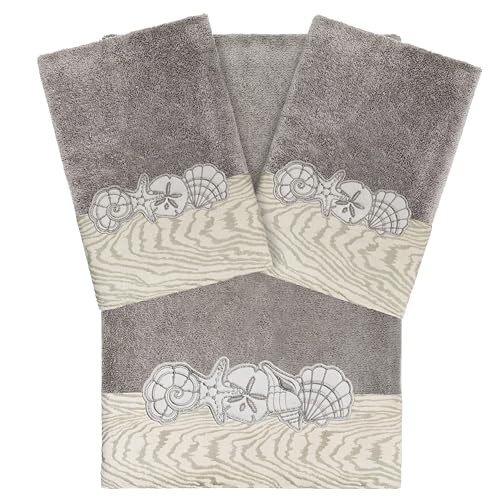 Seaside 3-Piece Towel Set, Embroidered Seashells, 100% Turkish Cotton, Ultra Absorbent & Soft, Coastal Bathroom Decor, 1 Bath 2 Hand Towels, Charcoal - color: Charcoal, size: 1 Pc Bath 2 Pcs Hand Towel