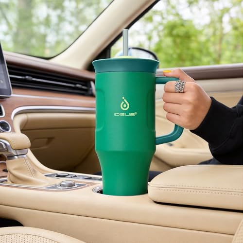 Ideus 32 oz Tumbler with Handle and Straw, 100% Leak Proof Dual Wall Vacuum Insulated Stainless Steel Travel Mug, Cup Holder Friendly, Olive Green - color: Olive Green