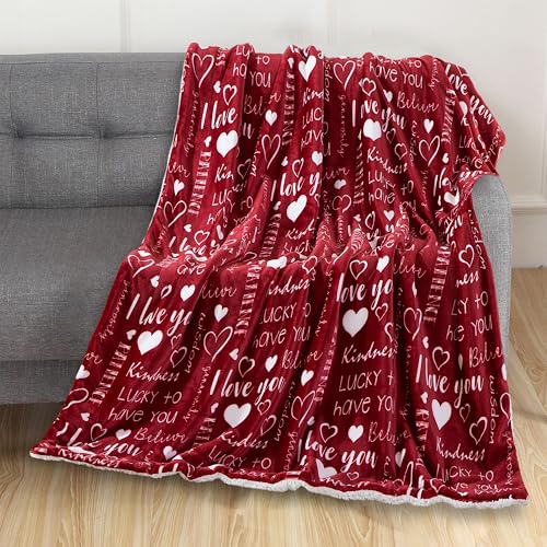Elegant Comfort Valentine's Day Sherpa Fleece Throw Blanket for Couch - Soft and Warm Sherpa Backing Reversible Red Hearts Flannel Blanket Valentines Decor, 50 x 60 inches, Love You Red - color: Love You Red