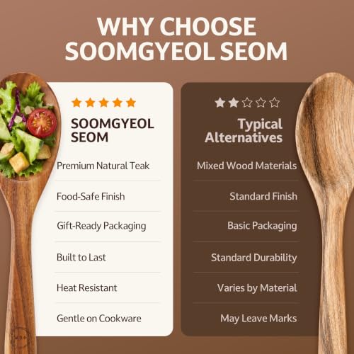 SOOMGYEOL SEOM 9-Piece Teak Wood Cooking Utensil Set with Holder | Natural Teak Wood, Uncoated, 8 Cooking Utensils & Holder, Nonstick Safe - size: 9 PCS Set